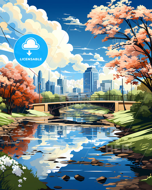 Eindhoven, Netherlands, a bridge over a river with trees and a city in the background