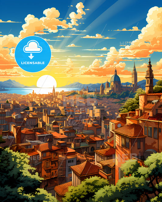 Eixample, Spain, a city with a sunset