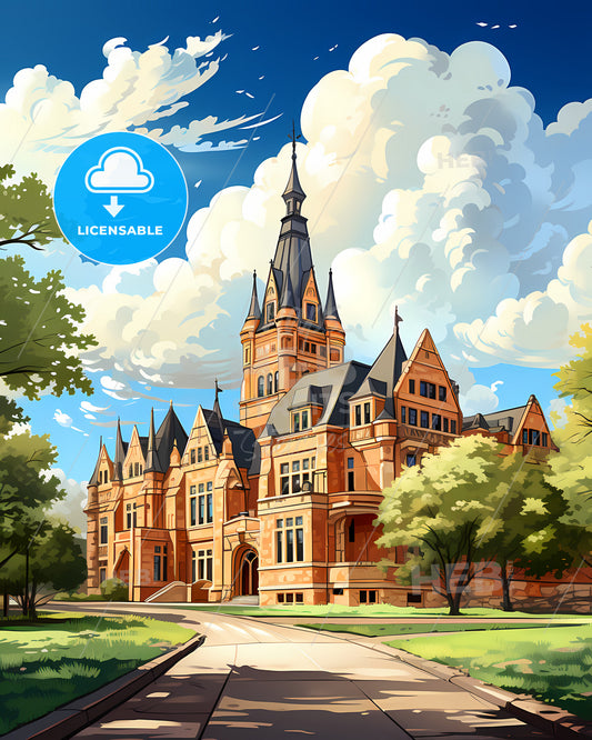 Bryan, Texas, a large building with trees and a path