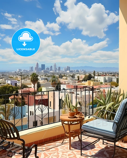 San Buenaventura, California, a balcony with a view of a city and a blue sky