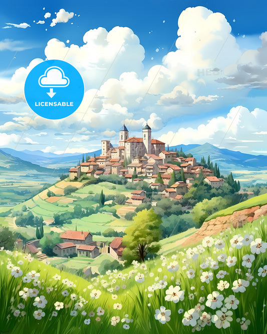 Faenza, Italy, a landscape of a village with a hill and flowers