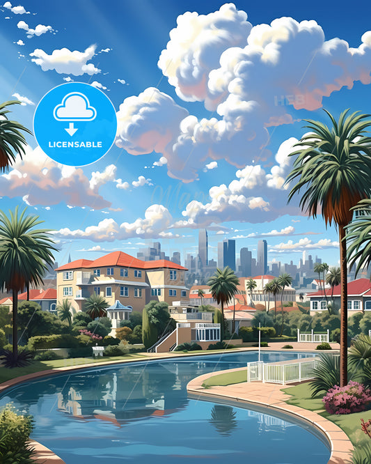 Pembroke Pines, Florida, a pool with palm trees and buildings in the background