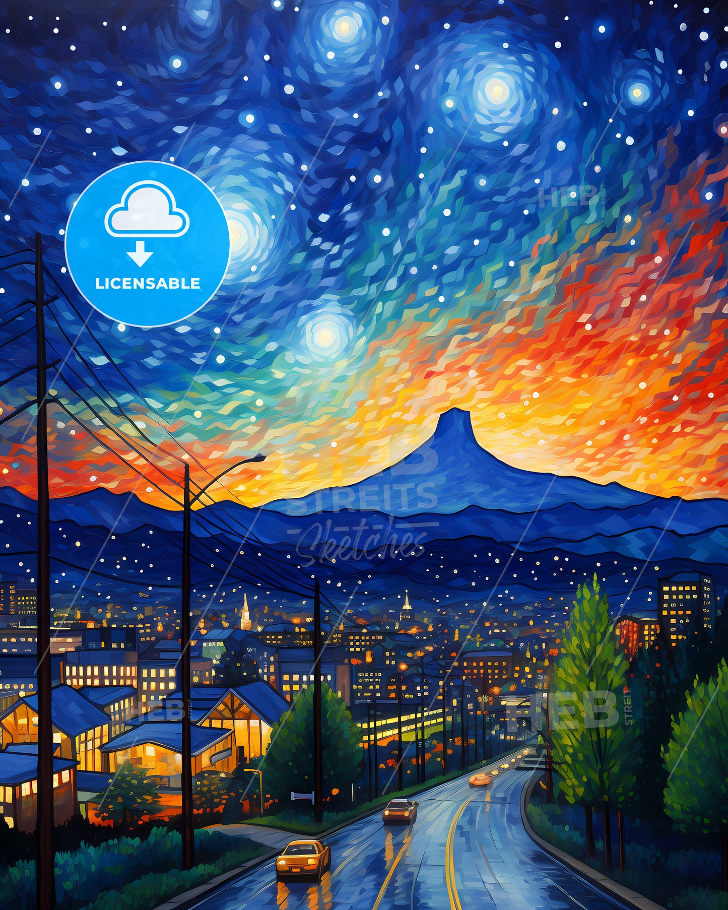 Hillsboro, Oregon, a painting of a city at night