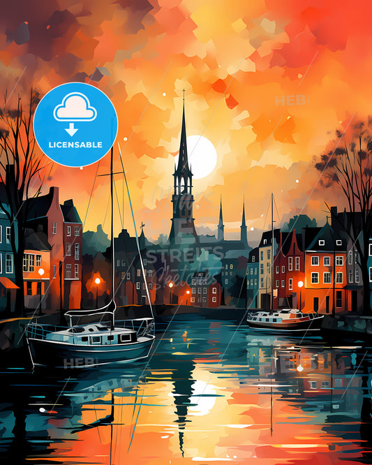 Schagen, Netherlands, a painting of a city with boats on water