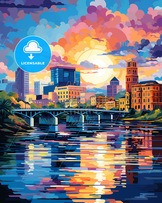 Augusta, Georgia, a colorful cityscape with a bridge over a river