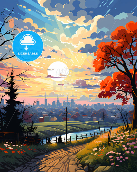 Mariupol, Ukraine, a landscape with a road and trees and a city in the background