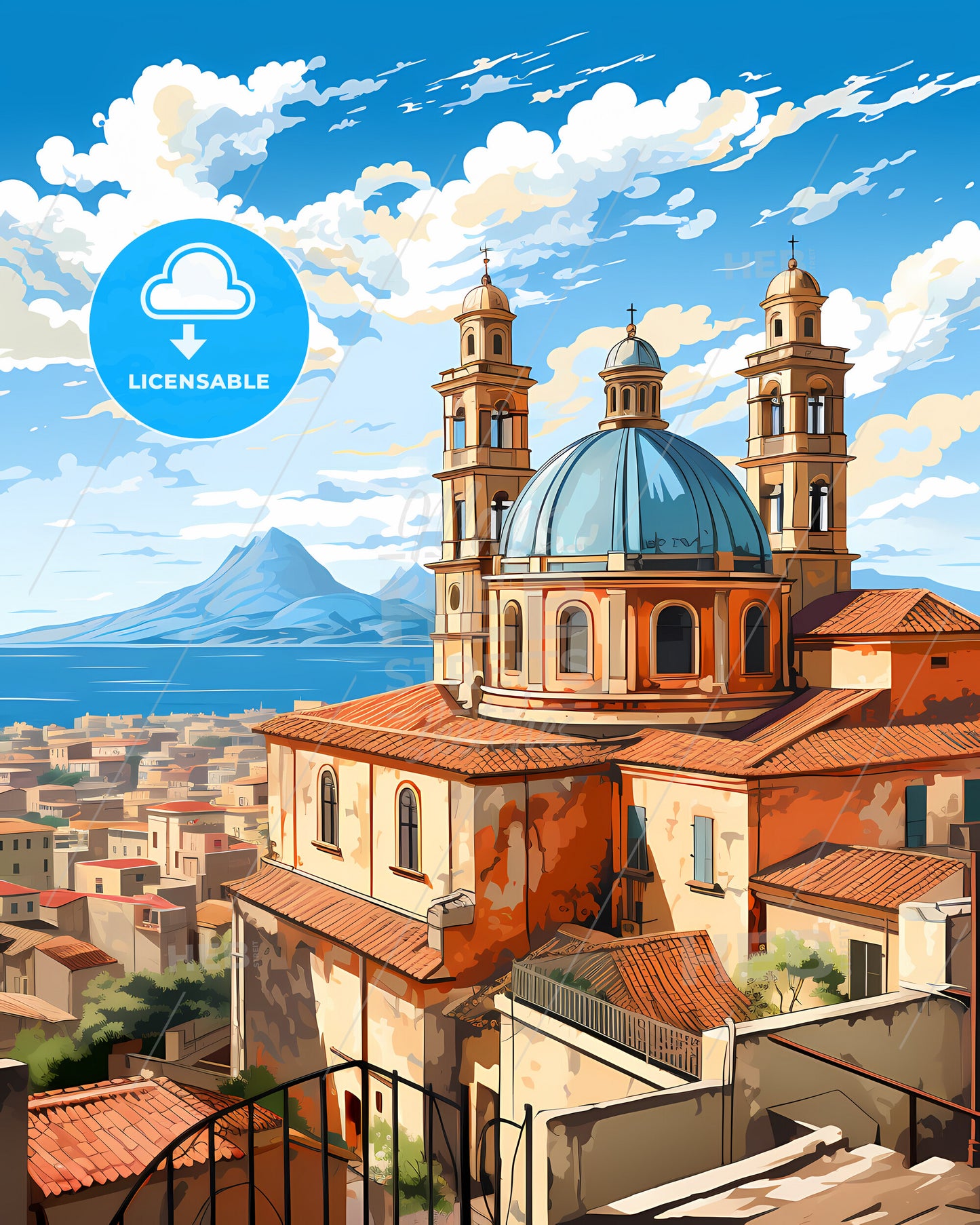 Catania, Italy, a building with a blue dome and a city with a mountain in the background