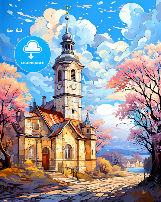 Mariupol, Ukraine, a church with a tower and trees