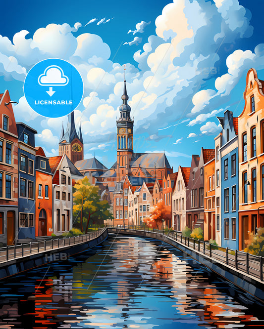 Schagen, Netherlands, a water canal with buildings and a clock tower