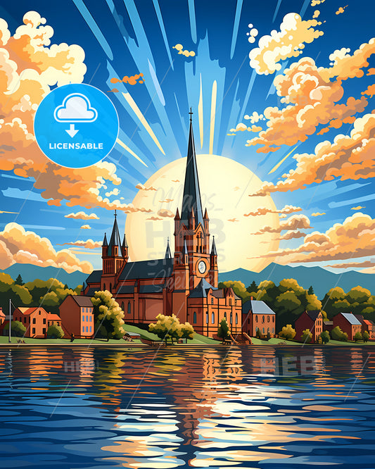 Leiden, Netherlands, a church with a clock tower and trees and a lake with sun rays