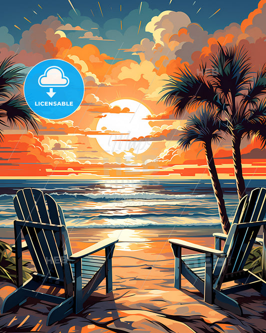 Daytona Beach, Florida, a beach with palm trees and chairs