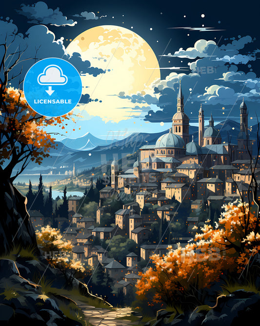 Rome, Italy, a city with towers and trees and mountains in the background