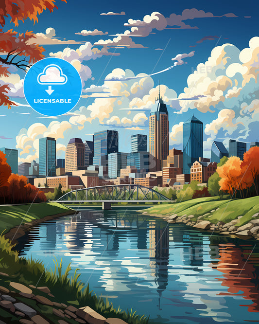 Fishers, Indiana, a river with a bridge and a city in the background