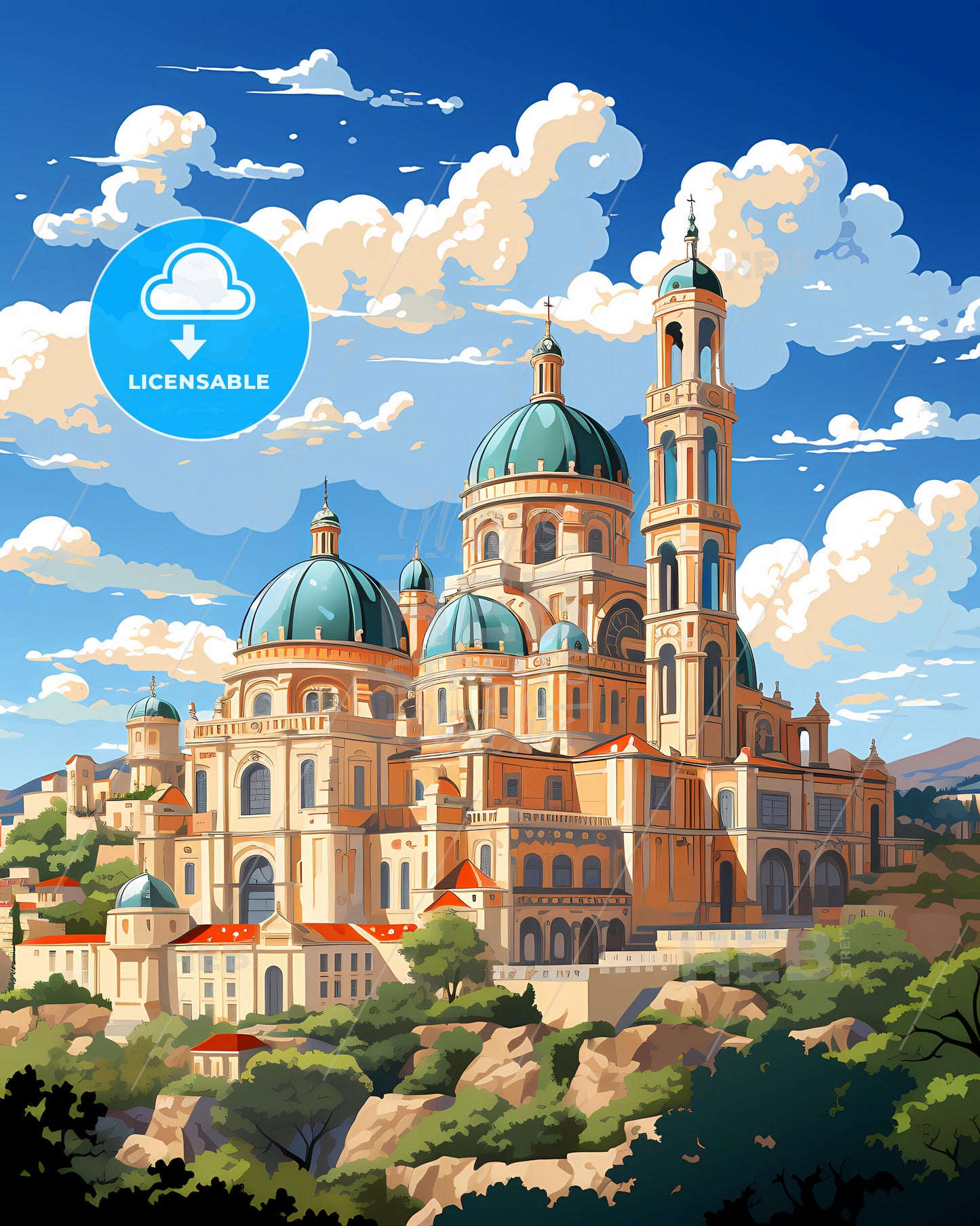 Amadora, Portugal, a large building with blue domes and a blue sky with clouds