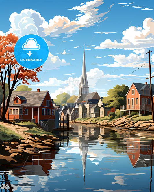 Lawrence, Massachusetts, a painting of a river with houses and trees