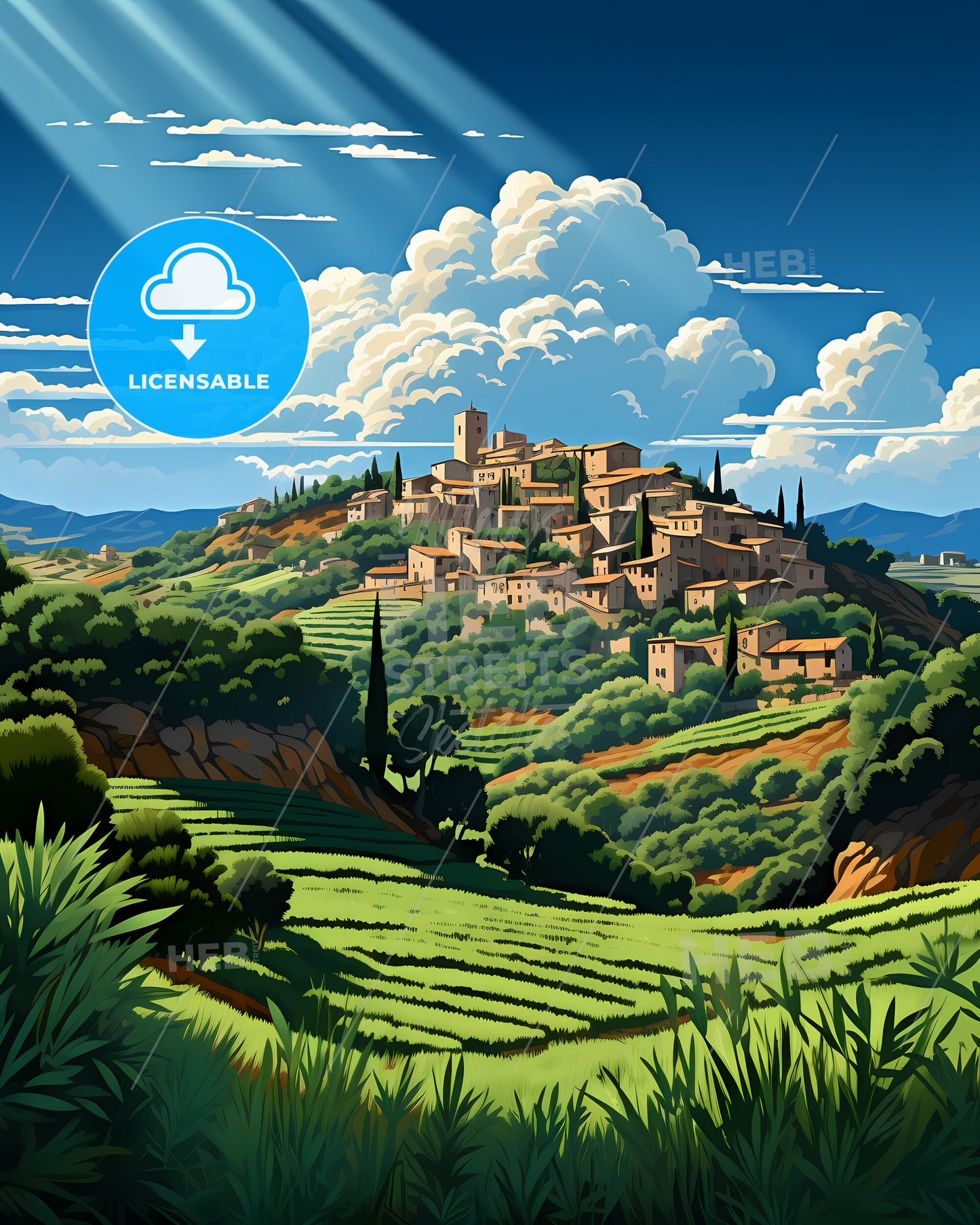 Pomezia, Italy, a landscape with a village on a hill