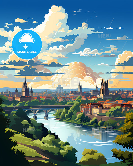 York, Yorkshire and the Humber, a river with a bridge and a city in the background