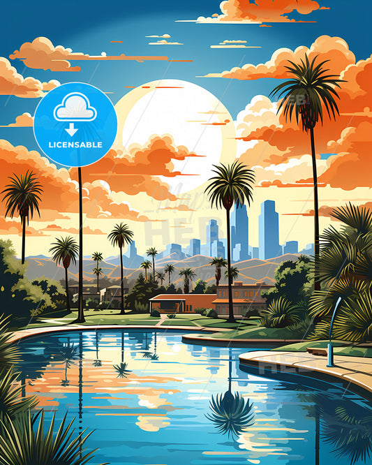 Sunnyvale, California, a pool with palm trees and buildings in the background