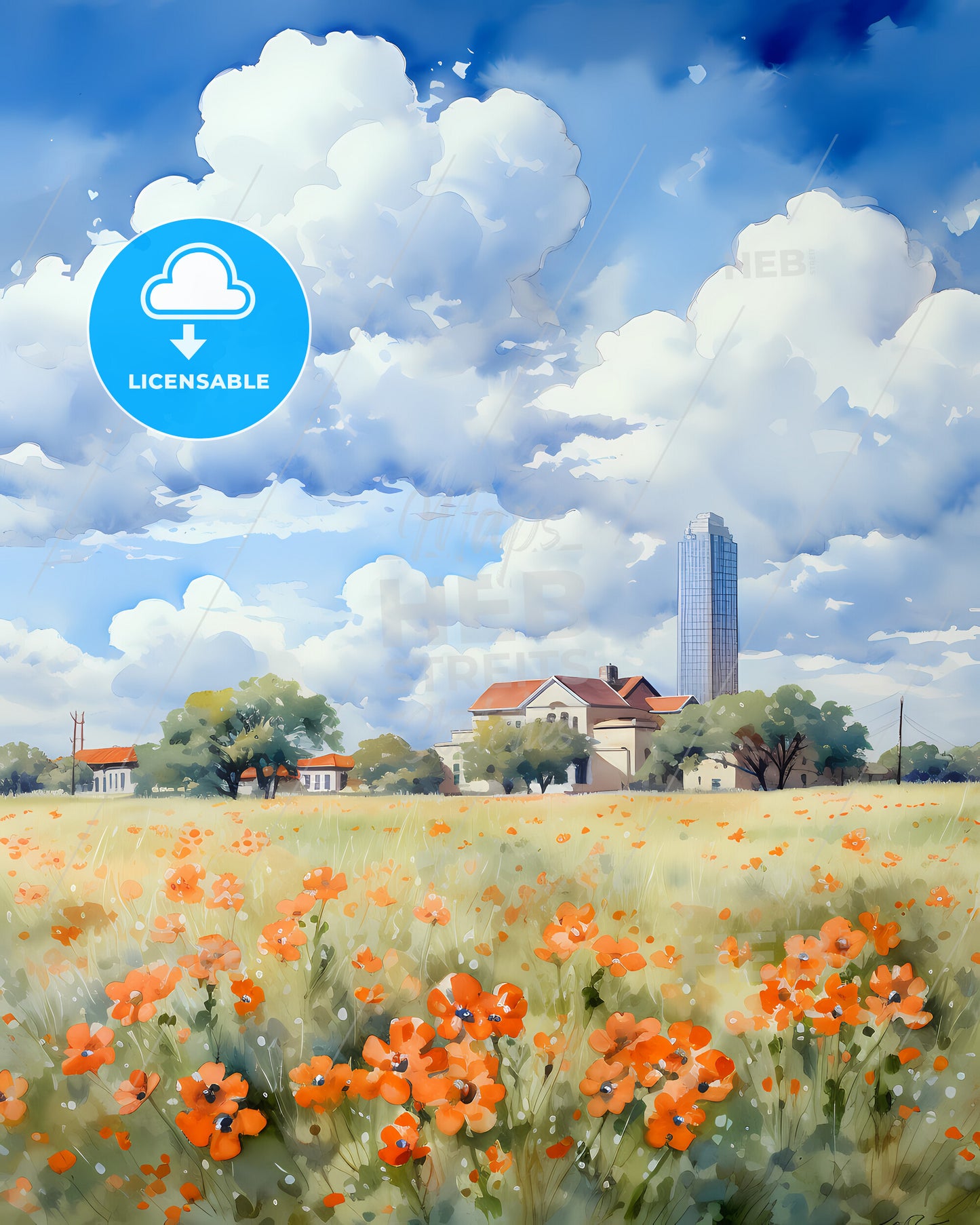 Bryan, Texas, a field of flowers with buildings in the background