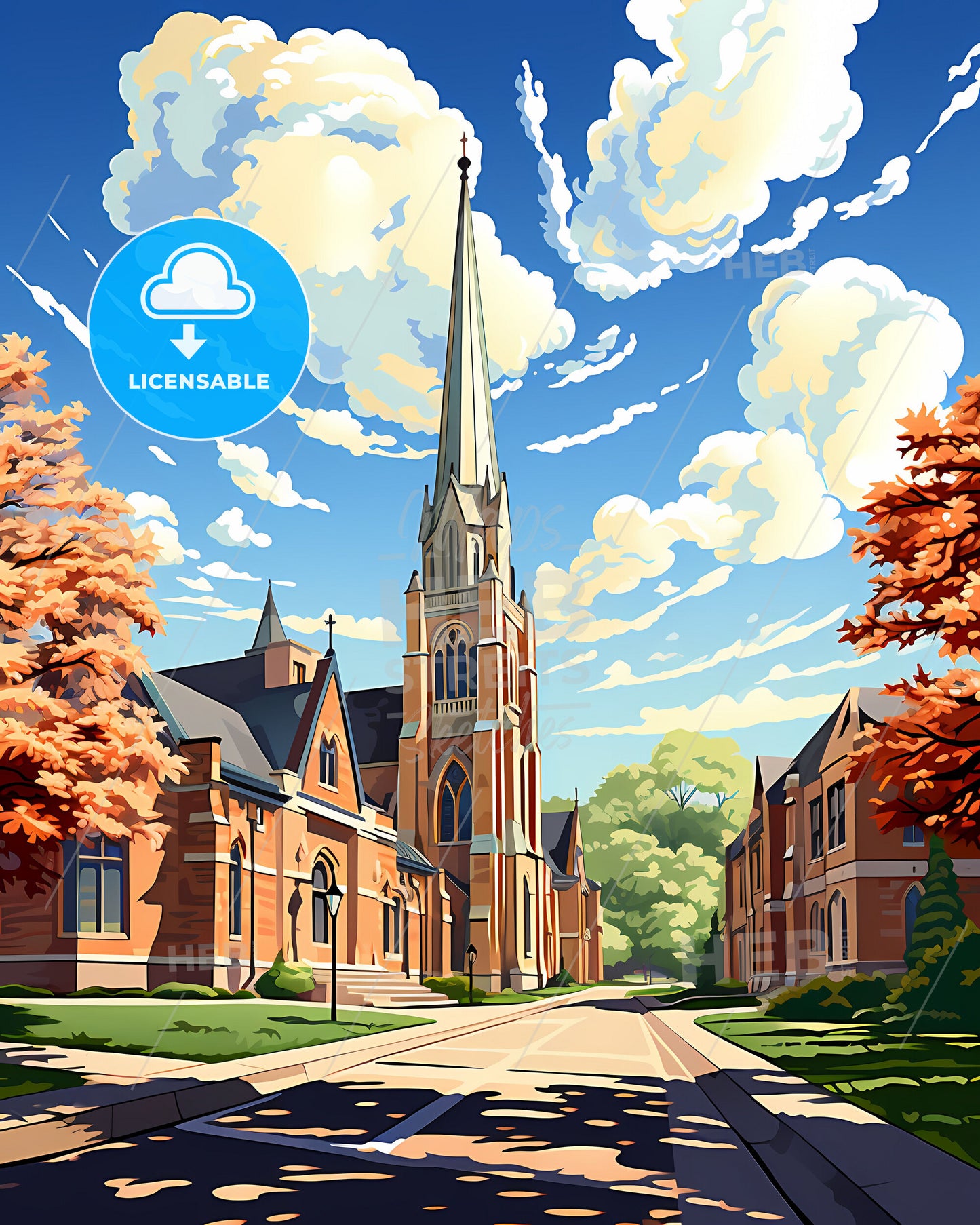 Waukegan, Illinois, a church with a steeple and trees