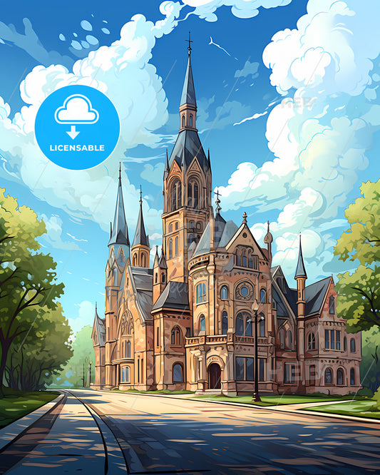 Gary, Indiana, a large building with a steeple and trees