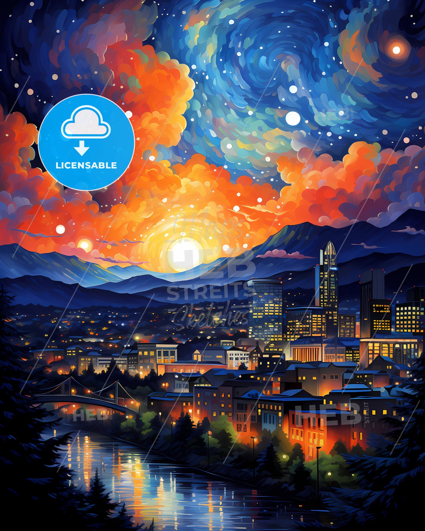 Asheville, North Carolina, a colorful sky over a city