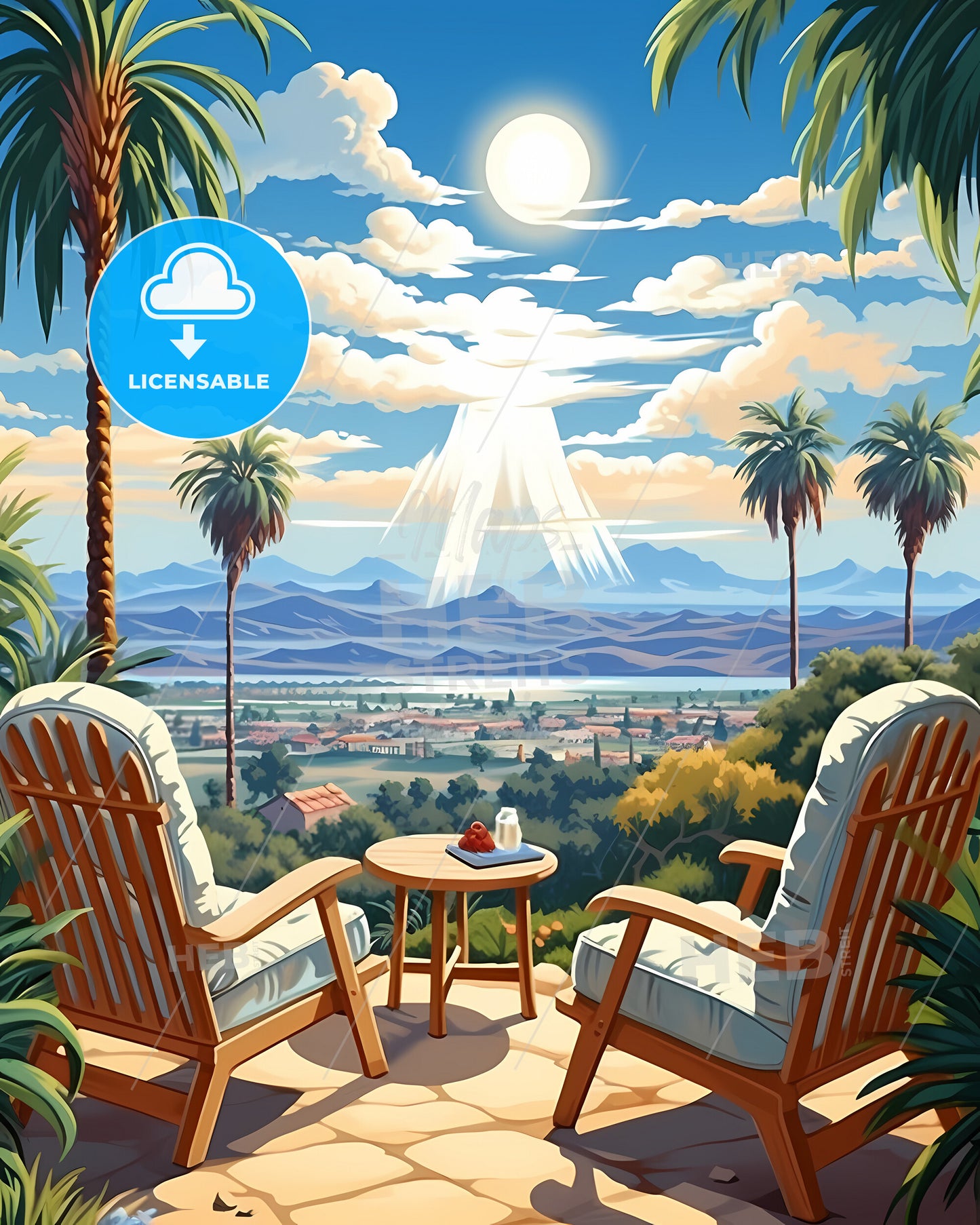 Downey, California, a chair and table with palm trees and mountains in the background