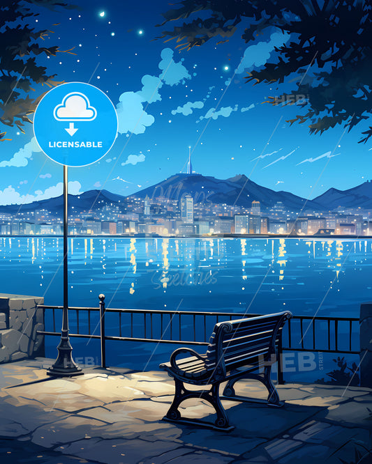 Vigo, Spain, a bench and a lamp next to a body of water