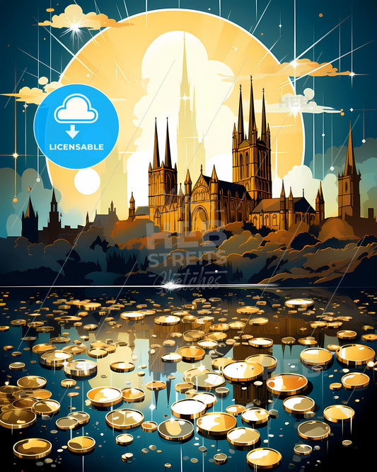 York, Yorkshire and the Humber, a castle with towers and a large moon in the background