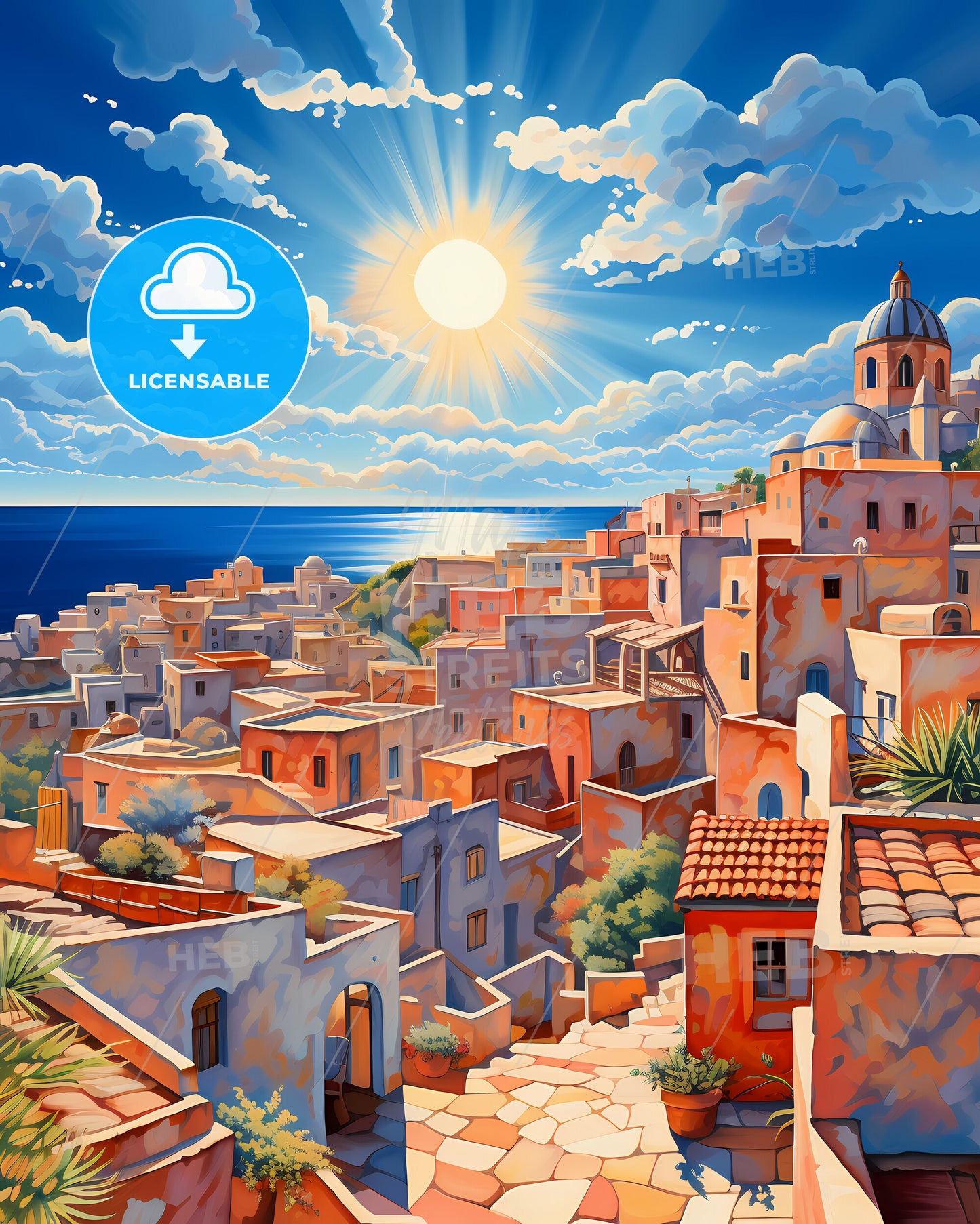 Andria, Italy, a painting of a city by the sea