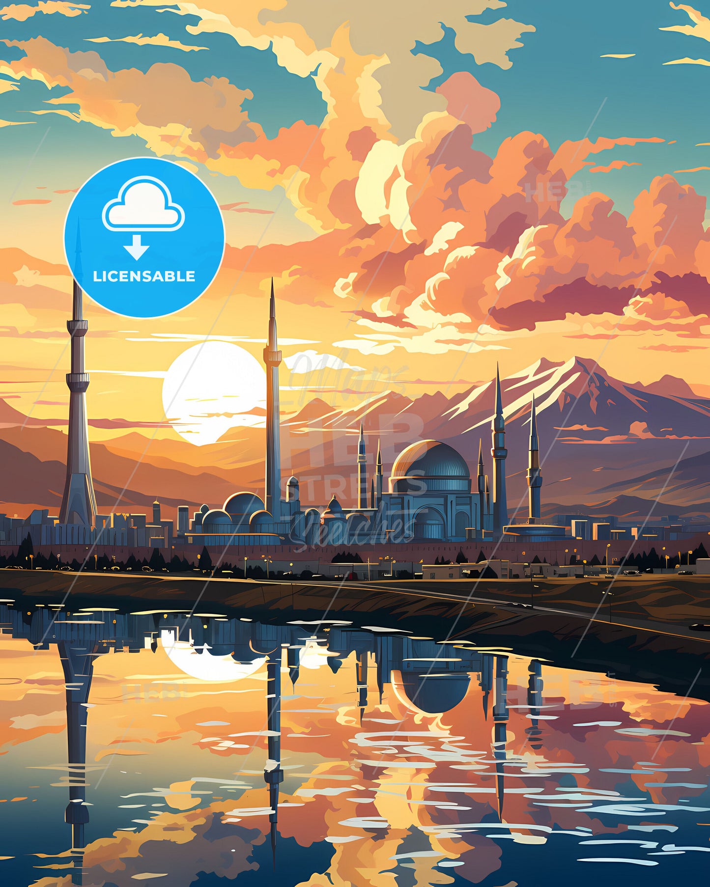 Turkistan, Kazakhstan, a city with towers and mountains in the background