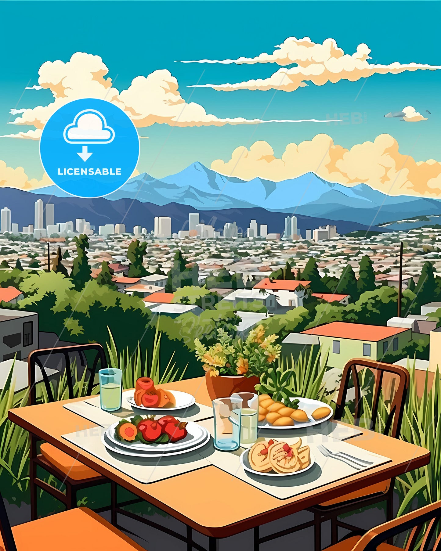 West Covina, California, a table with food and drinks on it overlooking a city