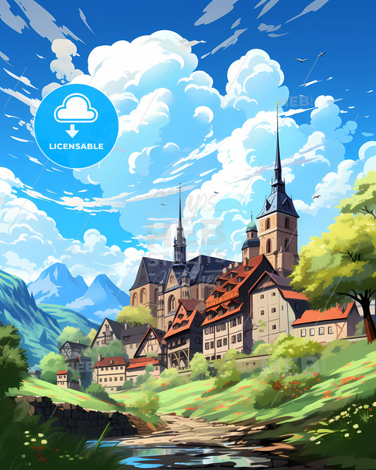 Basel, Switzerland, a landscape of a town with a castle and mountains