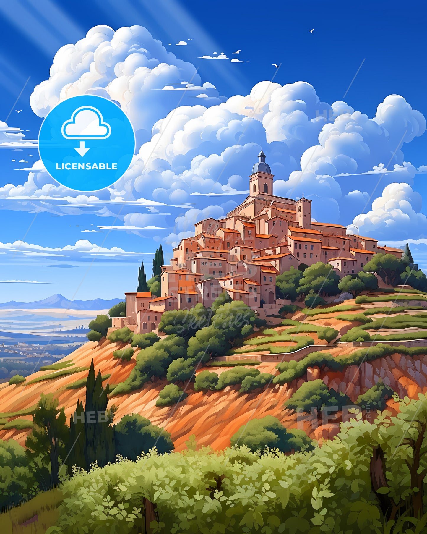 Pomezia, Italy, a painting of a town on a hill