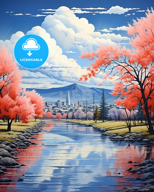 Hillsboro, Oregon, a river with pink trees and a city in the background