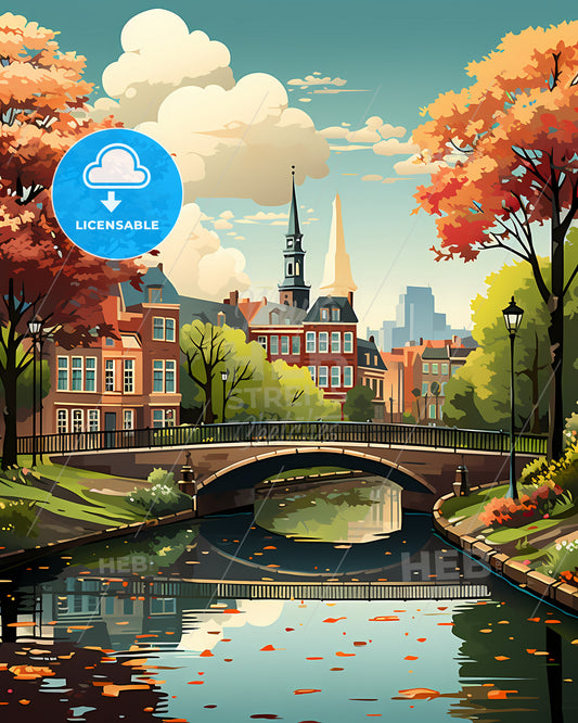 Leiden, Netherlands, a bridge over a river with trees and buildings in the background