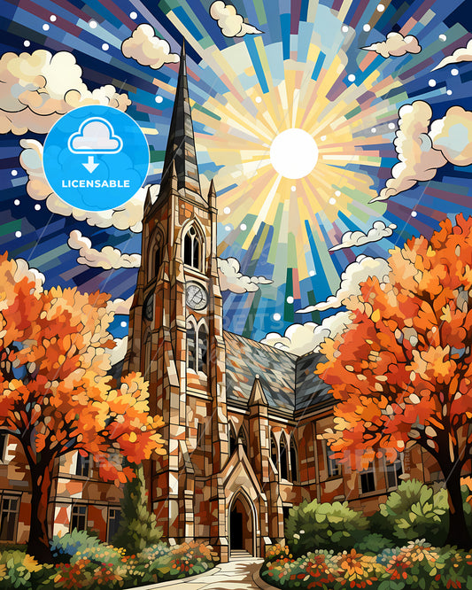 Hilversum, Netherlands, a church with a clock tower and trees