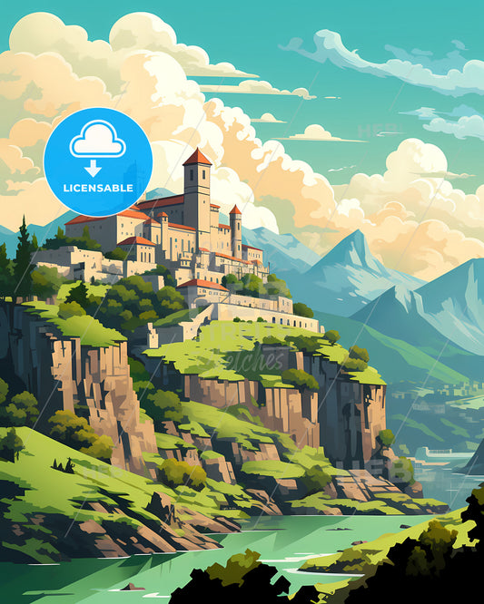 Bellinzona, Switzerland, a castle on a hill with trees and mountains