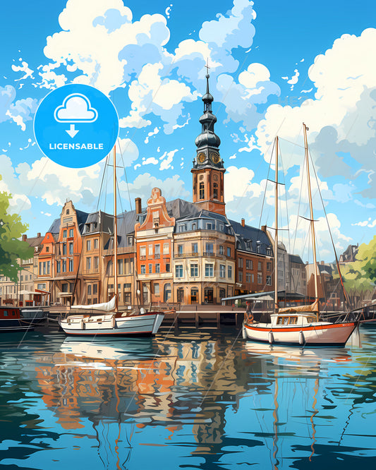 Dordrecht, Netherlands, a water with boats and buildings