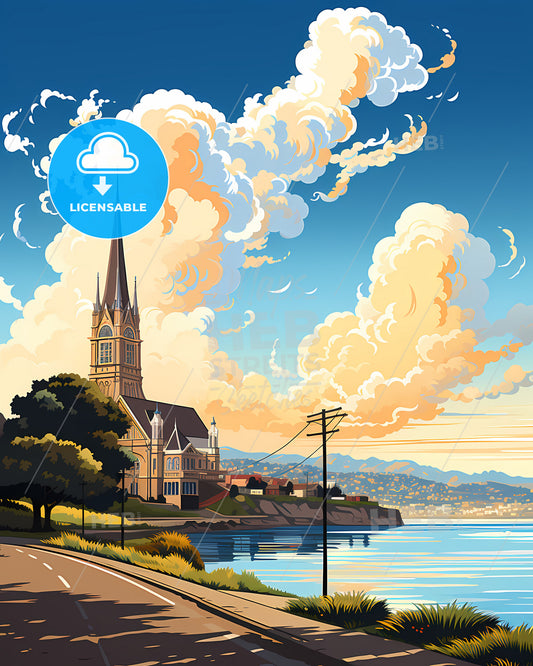 Plymouth, South West England, a church on the side of a road by water