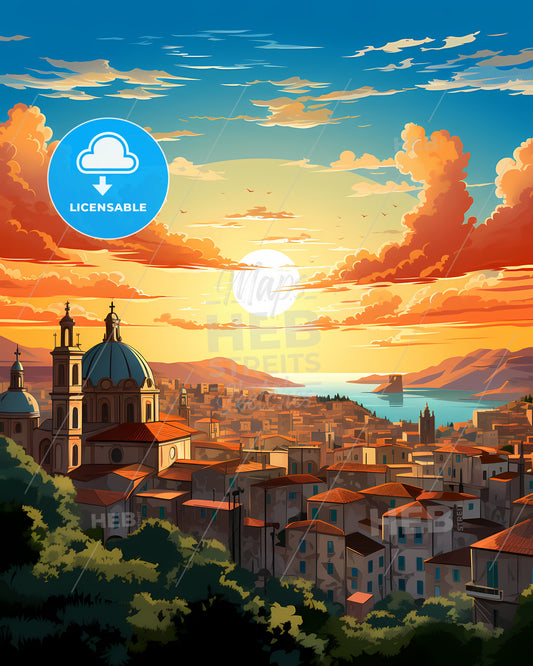 Catania, Italy, a city with a river and a sunset