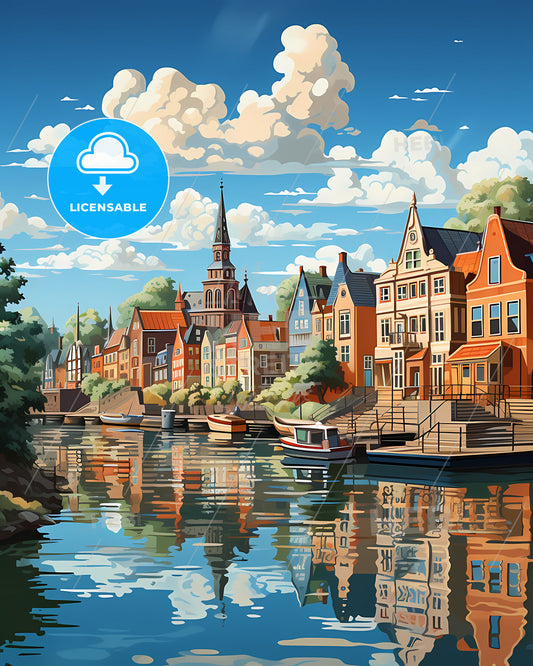 Schiedam, Netherlands, a water body of water with buildings and boats