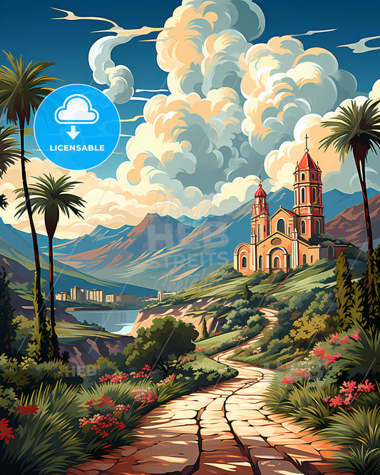 El Cajon, California, a painting of a building on a hill with palm trees and mountains