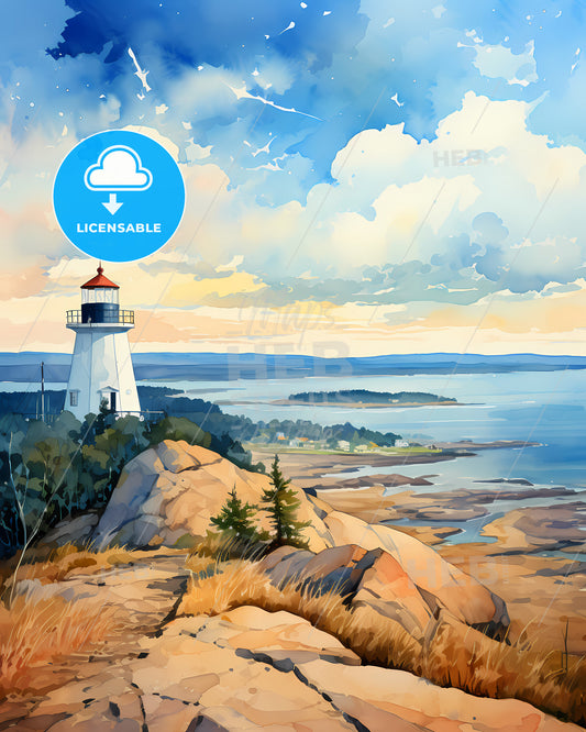Danbury, Connecticut, a painting of a lighthouse on a rocky hill