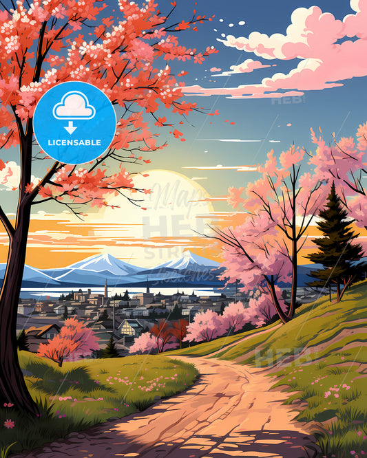 Arvada, Colorado, a landscape with a dirt road and trees with pink flowers