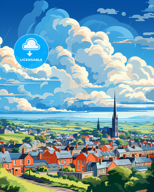 Ennis, County Clare, a landscape of a town with a church and a large field