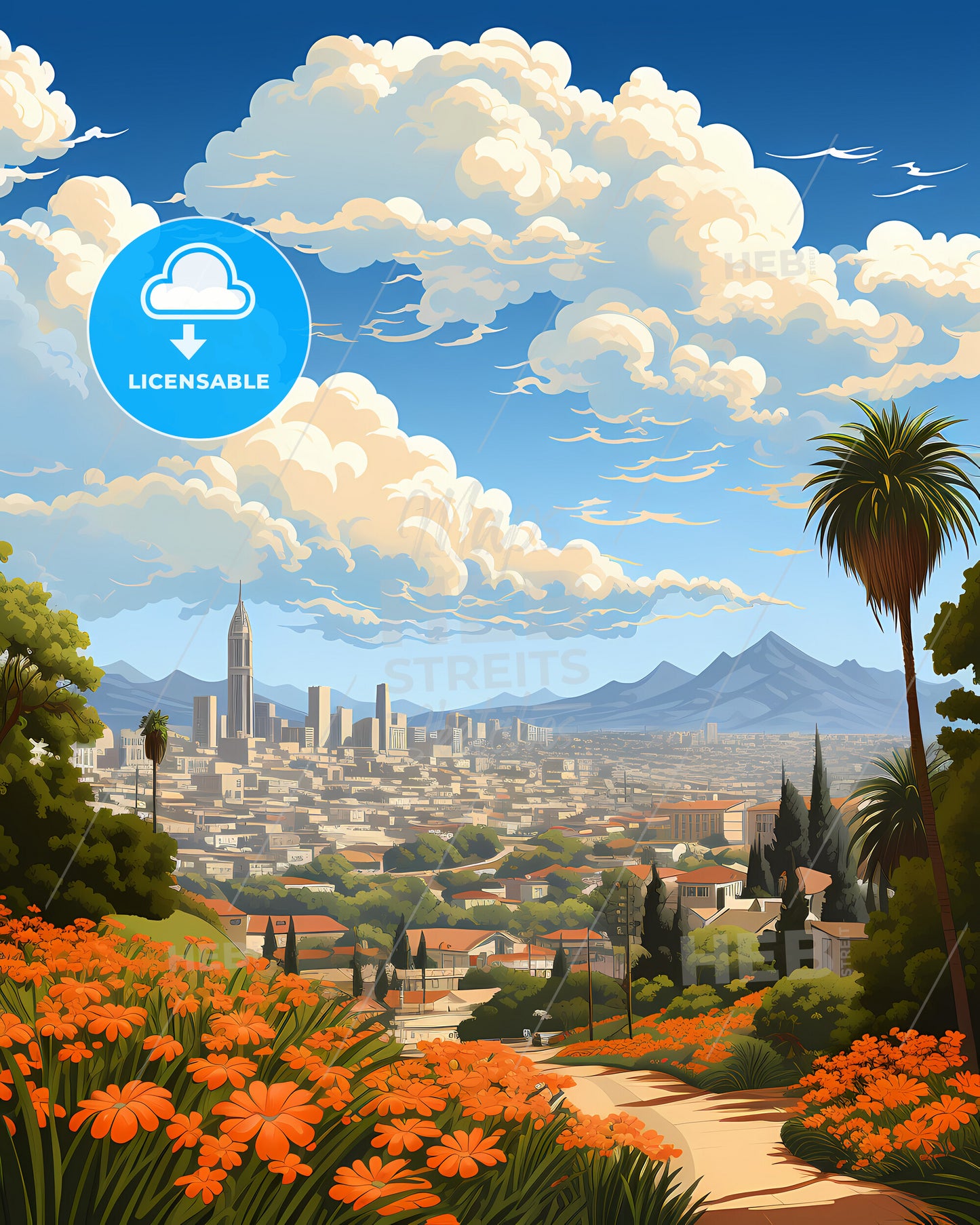 Orange, California, a city landscape with orange flowers and mountains