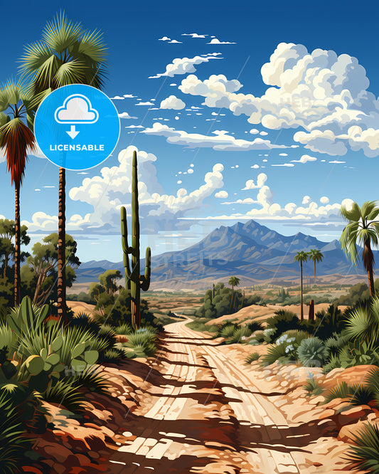 Corona, California, a dirt road with cactuses and mountains