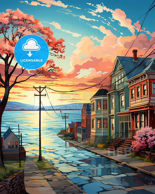 Erie, Pennsylvania, a row of houses by a body of water