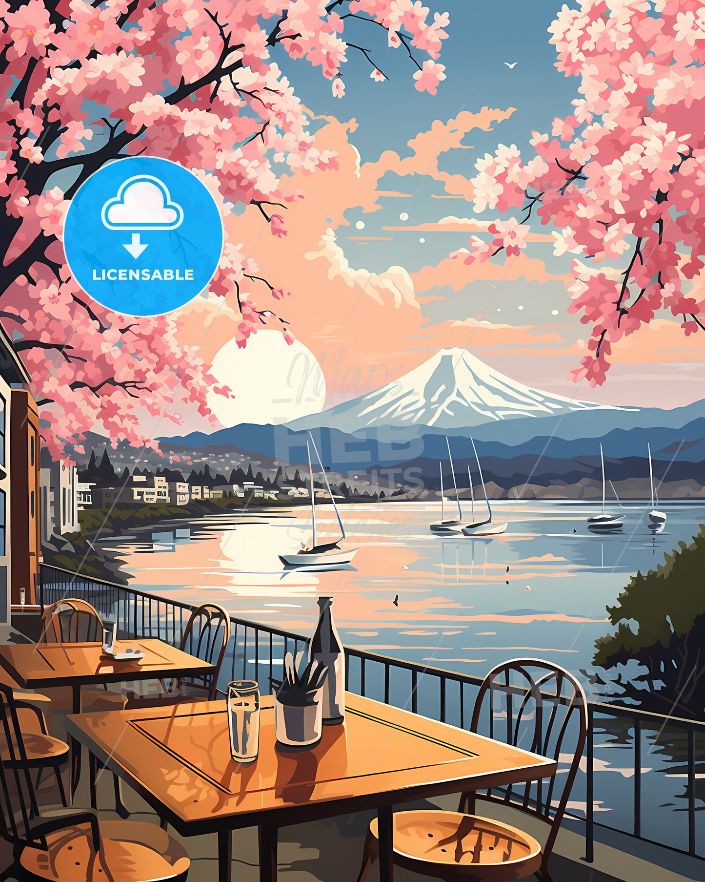 Bellingham, Washington, a table and chairs on a waterfront with a mountain in the background